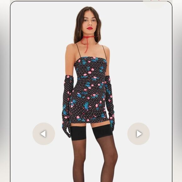 NWT For Love and Lemons posey mini dress black pink satin gloves M - Picture 4 of 13